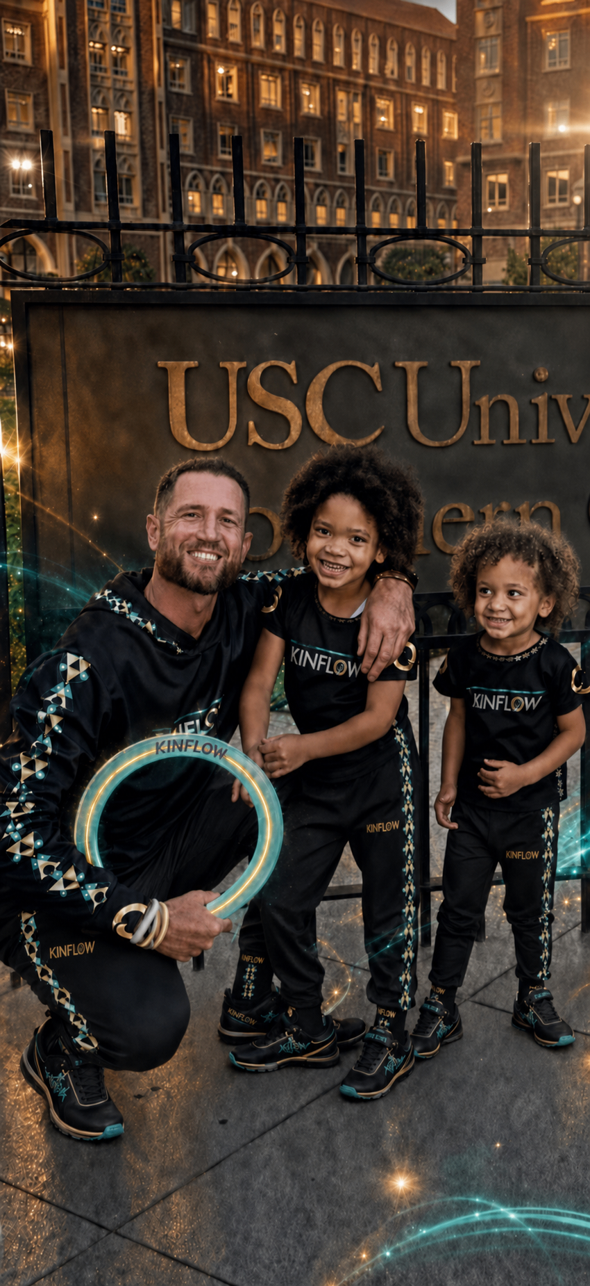 KinFlow founder Zach Fisher with two young players in KinFlow gear, holding a glowing KinFlow ring